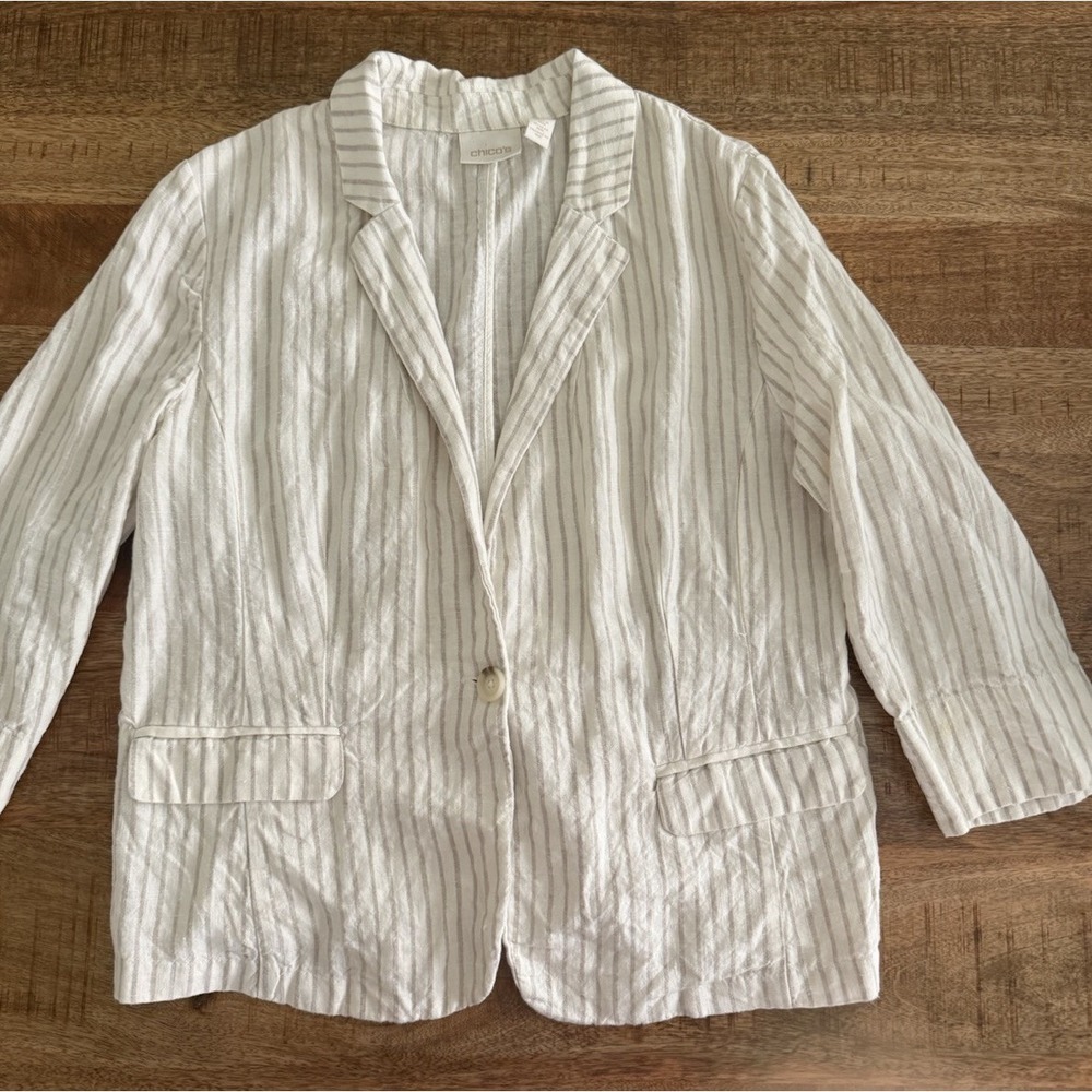 Chicos Linen Blazer Jacket Size 2 Large White Tan Stripe Coastal Preppy